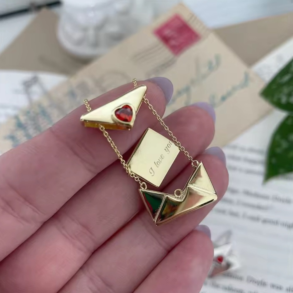 Gold Envelope Necklace with Red Heart